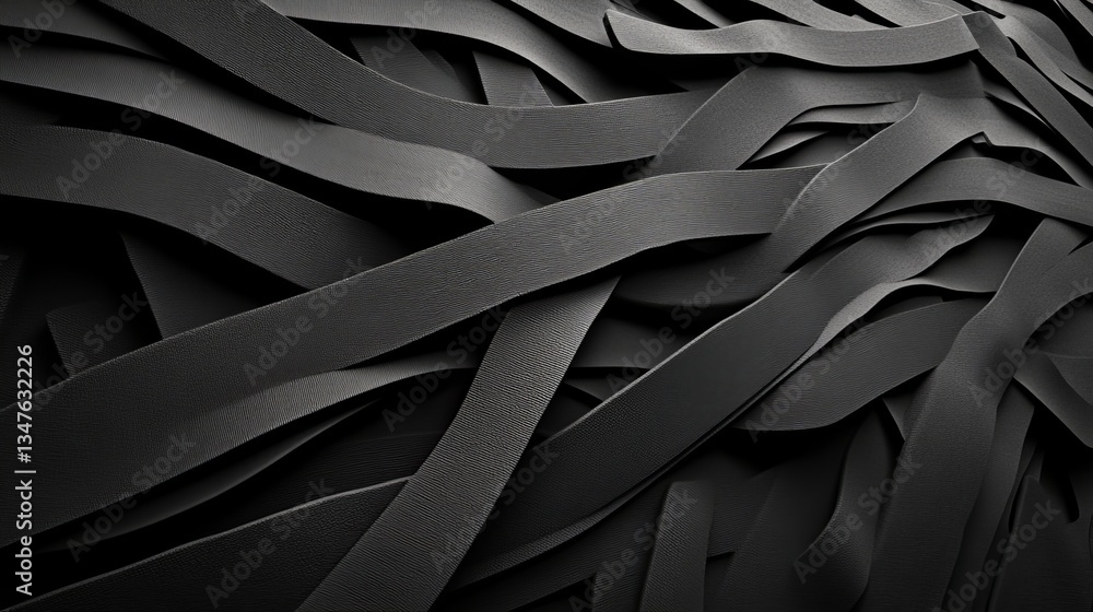 Poster black three-dimensional ribbons form the basis of a dark abstract background in this 3d rendered ima