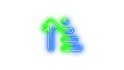 Neon arrow up short wide symbol icon blue green color glowing with transparent background