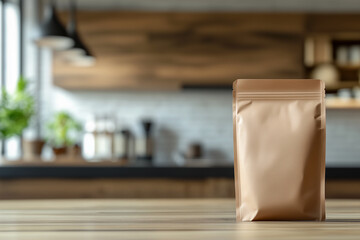Mockup of craft doypack with coffee, tea or spices on the kitchen table with a blurred caffe  background