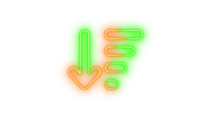 Neon arrow-down-wide-short symbol icon brown green color glowing with transparent background