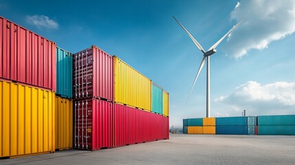 Colorful Shipping Containers Under Bright Blue Sky – Vibrant Logistics, Global Trade, and Industrial Transport Scene