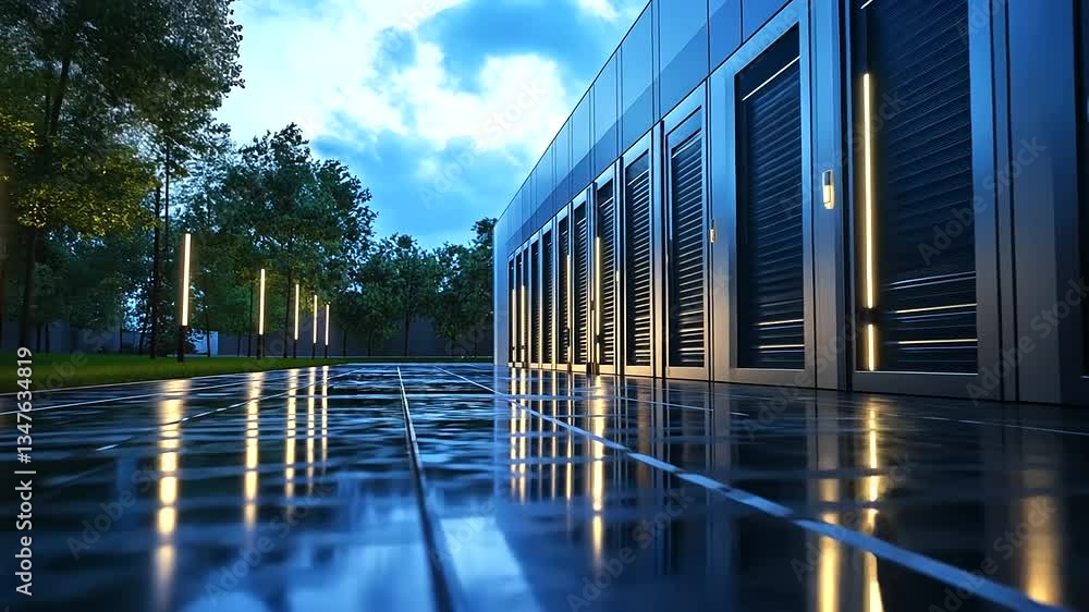 Poster modern data center with geothermal power integration, reducing carbon footprint while ensuring high-