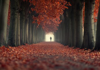 Solitary figure walking autumn tree tunnel.