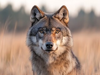 Fototapeta premium Wolf Portrait, Looking Directly at the Camera in Field