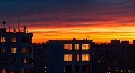 A watercolor sunset behind a silhouette of a city skyline, with glowing windows, Ai Generated