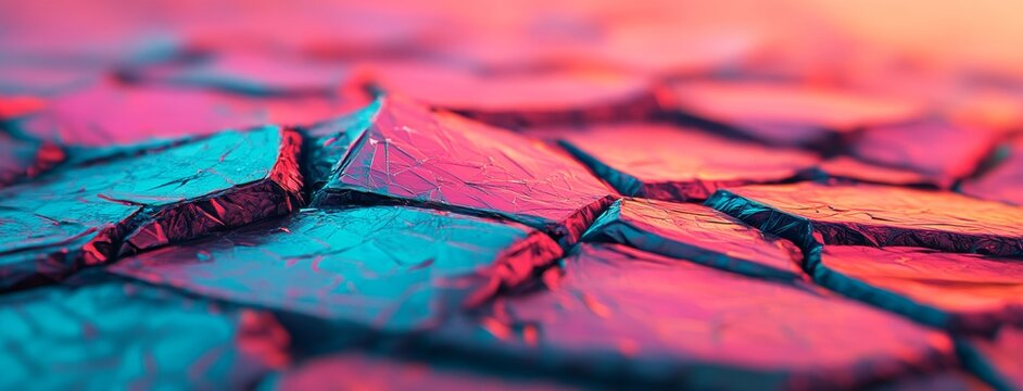 A modern luxury setting is depicted in this 3D render, distinguished by its incorporation of refractive crystal fragments in a vibrant aqua and pink color scheme