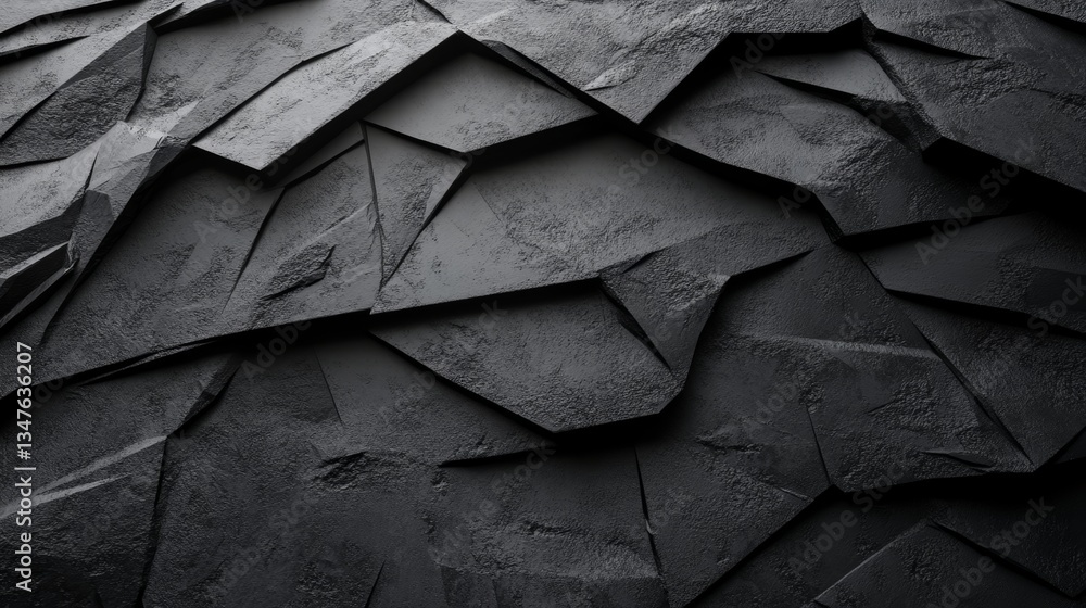 Poster the design features a modern dark 3d wallpaper with a black geometric surface and triangular pyramid