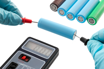 close up of worker's hand in gloves, using multimeter to check voltage on 18650 lithium-ion Battery Cells, on isolated white background