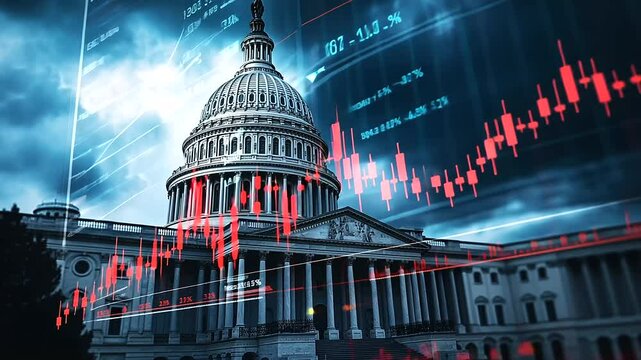 The U.S. Capitol under a stormy sky, its classical architecture juxtaposed with a translucent financial chart made of glowing holograms, symbolizing economic uncertainty and regula