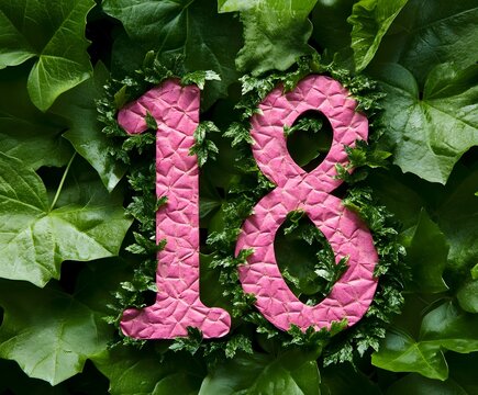 pink number 18 in the shape of a party sign wrapped with green ivies.