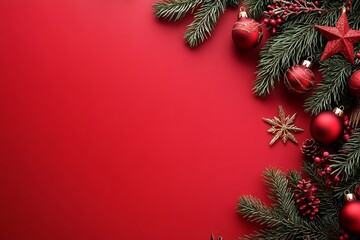 Christmas decorations on fir branches are arranged in a flat lay on a red background, leaving room for text
