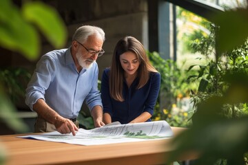 Senior architect and young colleague review blueprints, collaborating on a design project.