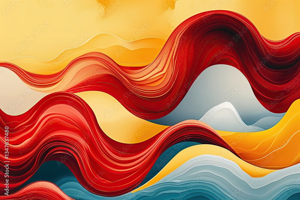 Poster dynamic abstract background with flowing red waves and bright yellow canvas