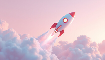 A small cartoon rocket ship soaring through fluffy pink clouds in sky