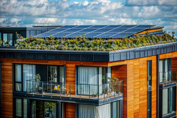 Obraz premium Modern sustainable apartment with rooftop solar panels, green roof, wooden facade and eco friendly architectural design