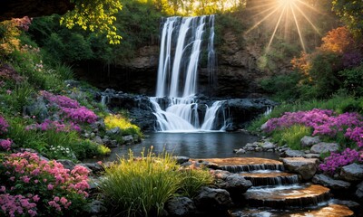 Naklejka premium Breathtaking spring sunrise over a cascading waterfall surrounded by lush greenery – Peaceful nature escape with reflective water