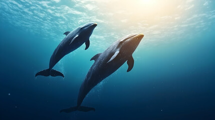 Fototapeta premium Two Dolphins Swimming Underwater