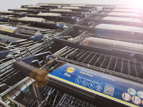W&oacute;zki, kosze sklepowe, Lidl. Sklep spożywczy Lidl, w&oacute;zki ustawione w rzędzie, w&oacute;zki bez monet.