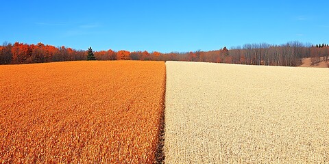 Contrasting hues of grain crops under a clear blue sky on an autumn day