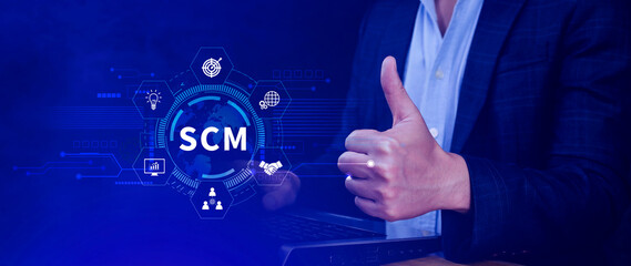 SCM concept, Supply Chain Management, Logistic and transport, Communication network. organizing and controlling resources to meet the needs of customers.