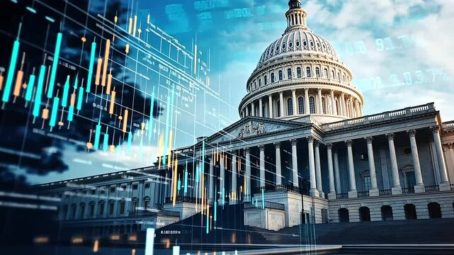 A dramatic scene of the Capitol building with its steps turning into a cascading stock market graph, each step representing a key moment in financial policy history.