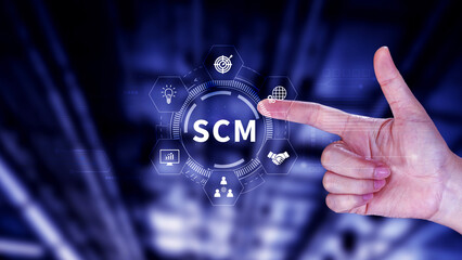 SCM concept, Supply Chain Management, Logistic and transport, Communication network. organizing and controlling resources to meet the needs of customers.