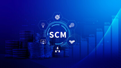 SCM concept, Supply Chain Management, Logistic and transport, Communication network. organizing and controlling resources to meet the needs of customers.