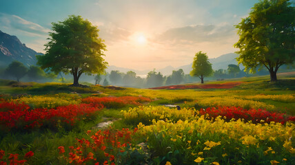 Obraz premium sunrise over the field, adorable field valley nature fantasy landscape