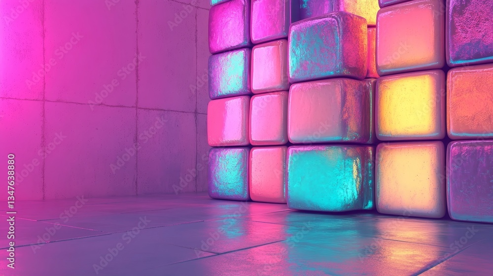 Poster violet and orange glossy cubes are neatly constructed and set against a cutting-edge tech background