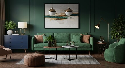 Elegant Emerald Green Living Room Interior Design Luxurious Furniture & Decor