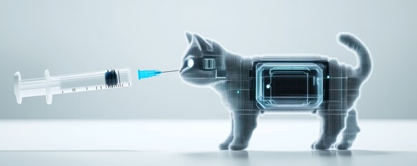 Pixelated syringe injecting code into a digital pet, merging reality and virtual world