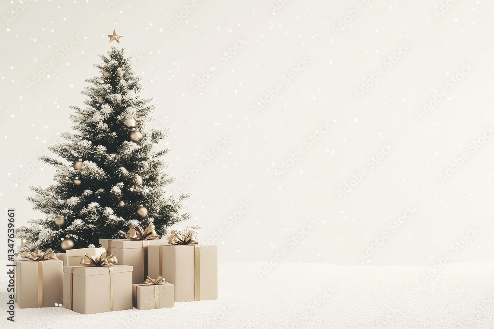 Poster a christmas tree and falling snow are set against a white background with a gift box, created using 