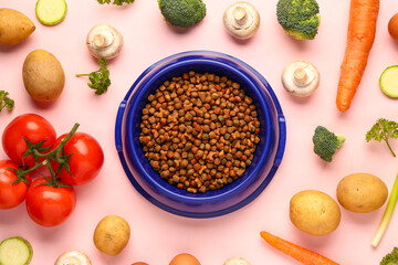 Composition with dry pet food and natural products on pink background