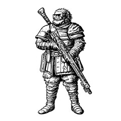 Fototapeta premium Engraved illustration of a fierce warrior with a gun in a vintage style showcasing intricate details and craftsmanship