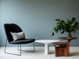 Fototapeta premium Modern Minimalist Interior with Stylish Lounge Chair and Elegant Wooden Coffee Table