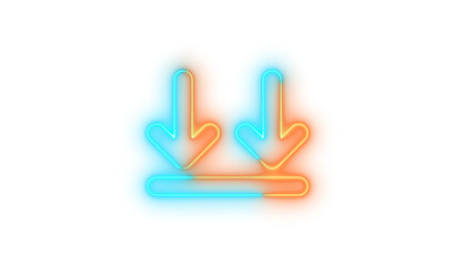 Neon arrows down to line symbol icon brown cyan color glowing with transparent background