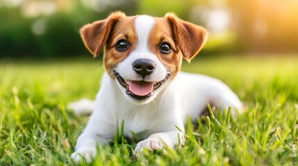 National Pet Day, Adorable Jack Russell Puppy Lying in Grass Happy Dog Pet Summer
