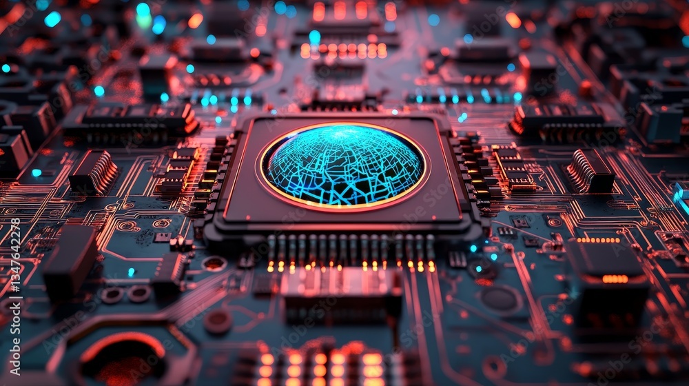 Poster in a 3d render, a futuristic motherboard showcases a microchip bearing a web symbol, surrounded by t