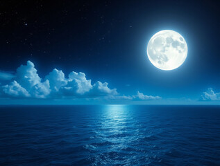 Cosmic Tide: A Full Moon’s Glow Over Velvet Clouds and a Shimmering Midnight Sea