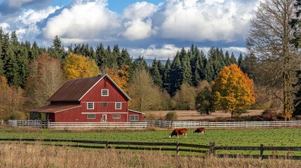Obraz premium Picturesque Autumn Farm Scene: Red Barn, Grazing Cows, and Golden Trees