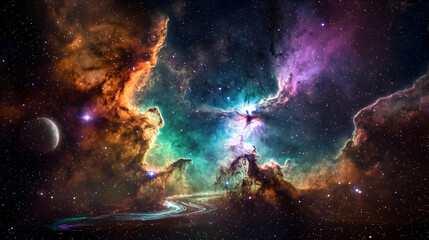 Fototapeta premium Vibrant Nebula and Starfield Space Illustration with Colorful Hues and Glowing Elements