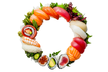 Sushi wreath made with mixed toppings isolated, cut out transparent