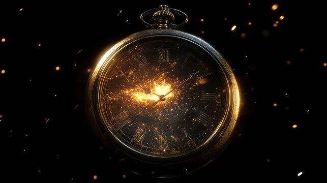 Fiery pocket watch exploding; dark background; time concept; website banner