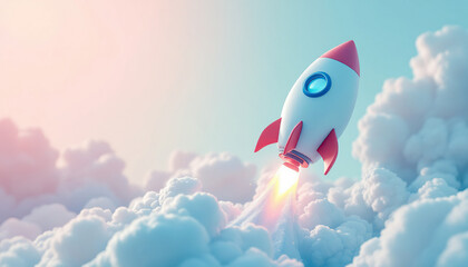 A cartoon rocket launching from clouds into the sky above