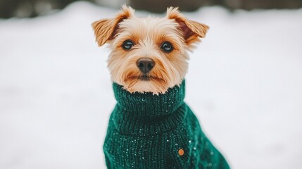 National Pet Day, Adorable Yorkshire Terrier Puppy Wearing Green Knit Sweater in Snowy Winter Scene