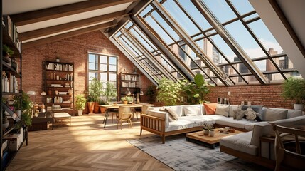 Fototapeta premium A photo of a renovated loft space with skylights.