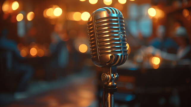 Retro close-up microphone under warm stage lights against the blurred atmosphere in the restaurant.