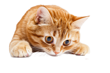 Ginger tabby cat looking intently at kibble, cute pet, cut out transparent