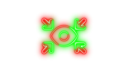 Neon arrows to eye symbol icon green red color glowing with transparent background