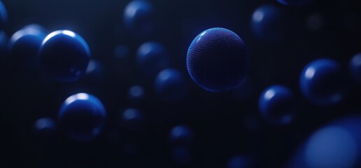 3D render of blue spheres floating on a black background, minimalism, simple geometric shapes, dark blue color palette Generative AI
